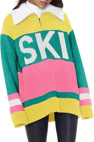 Womens Sweaters Trendy Long Sleeve 1/4 Zip Pullover Polo V Neck Dressy Casual Color Block Ski Knit Tops