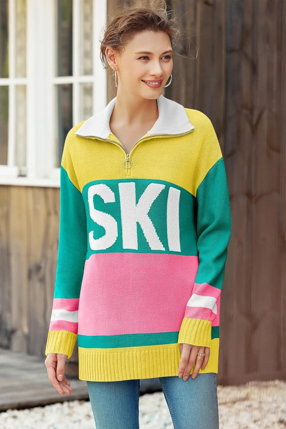 Womens Sweaters Trendy Long Sleeve 1/4 Zip Pullover Polo V Neck Dressy Casual Color Block Ski Knit Tops