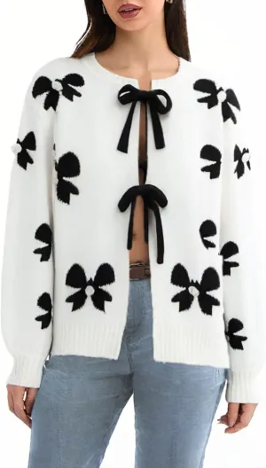 Women's Tie Front Bow Cardigan Sweaters Long Sleeve Chunky Knit Cardigan Trendy Sweater Coats Loose Knit Outerwear