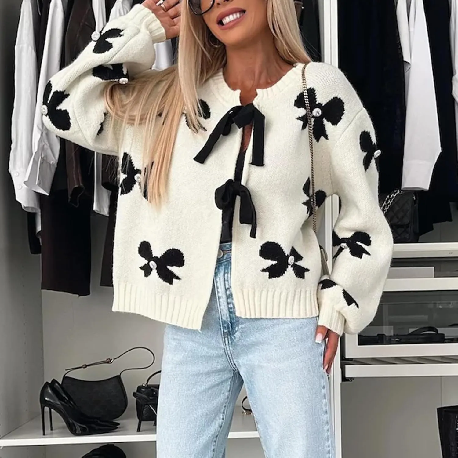 Women's Tie Front Bow Cardigan Sweaters Long Sleeve Chunky Knit Cardigan Trendy Sweater Coats Loose Knit Outerwear