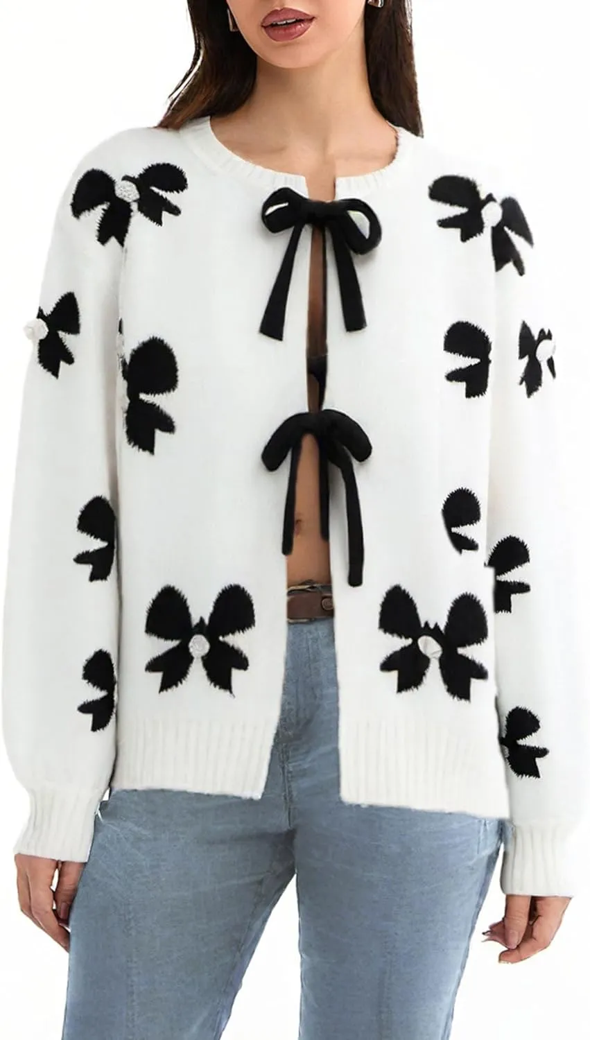 Women's Tie Front Bow Cardigan Sweaters Long Sleeve Chunky Knit Cardigan Trendy Sweater Coats Loose Knit Outerwear