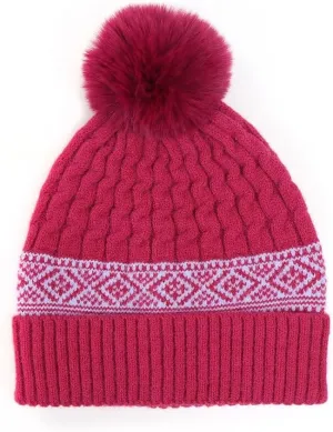 Women's Wool Winter Pom Pom Beanie - Cable Knitted Pink Hat with Faux Fur Bobble, Warm & Stylish, Magenta Pink, one size fits most