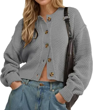 Wowcarbazole Womens Open Front Cardigan Sweaters Long Sleeve Button Down Knit Jackets Coat Cropped Cute Tops Fall Outerwear