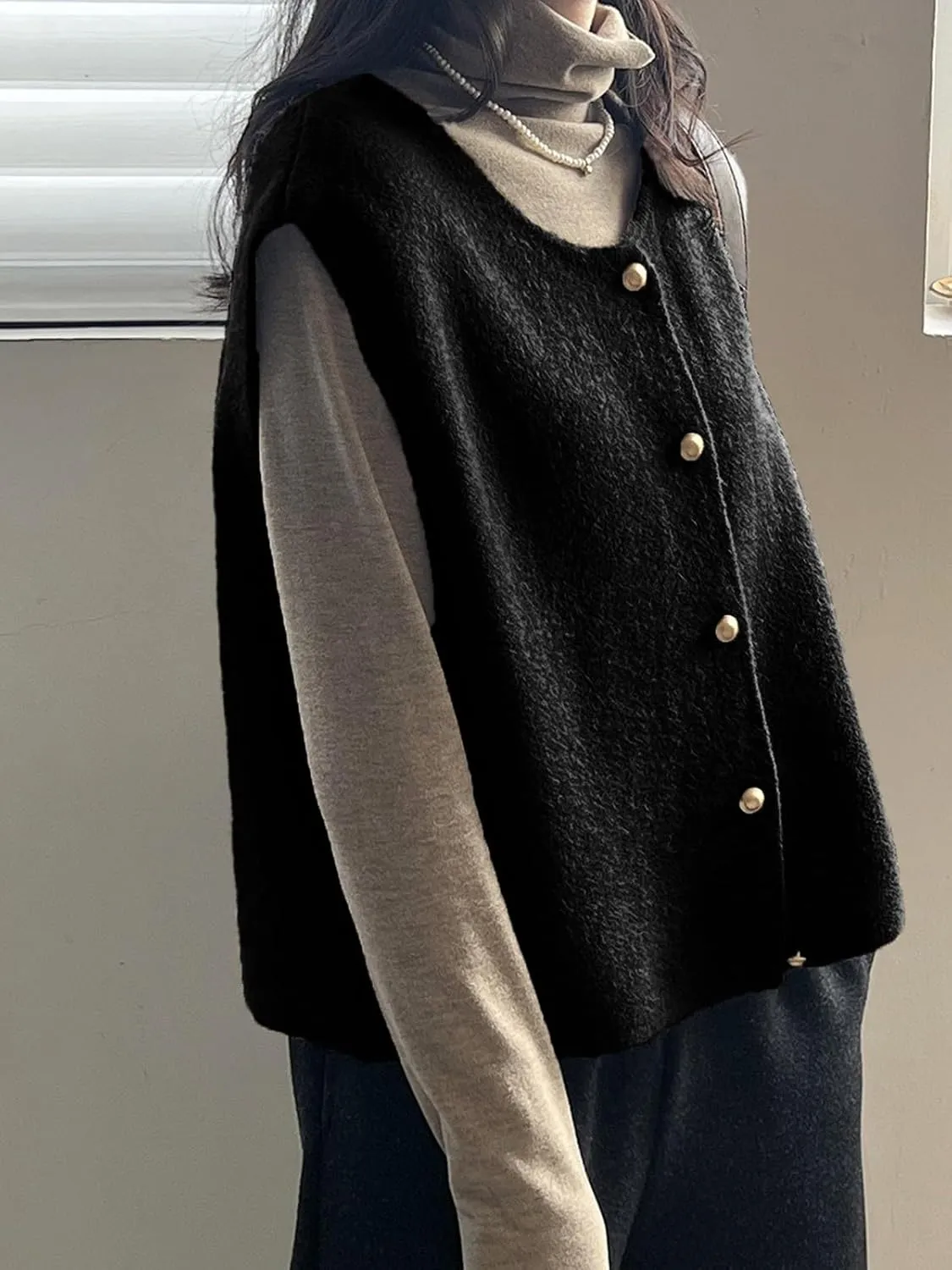 Wowcarbazole Women's Sweater Vest Sleeveless Cropped Button Down Cardigan Vests Casual Trendy Crewneck Knit Tank Tops