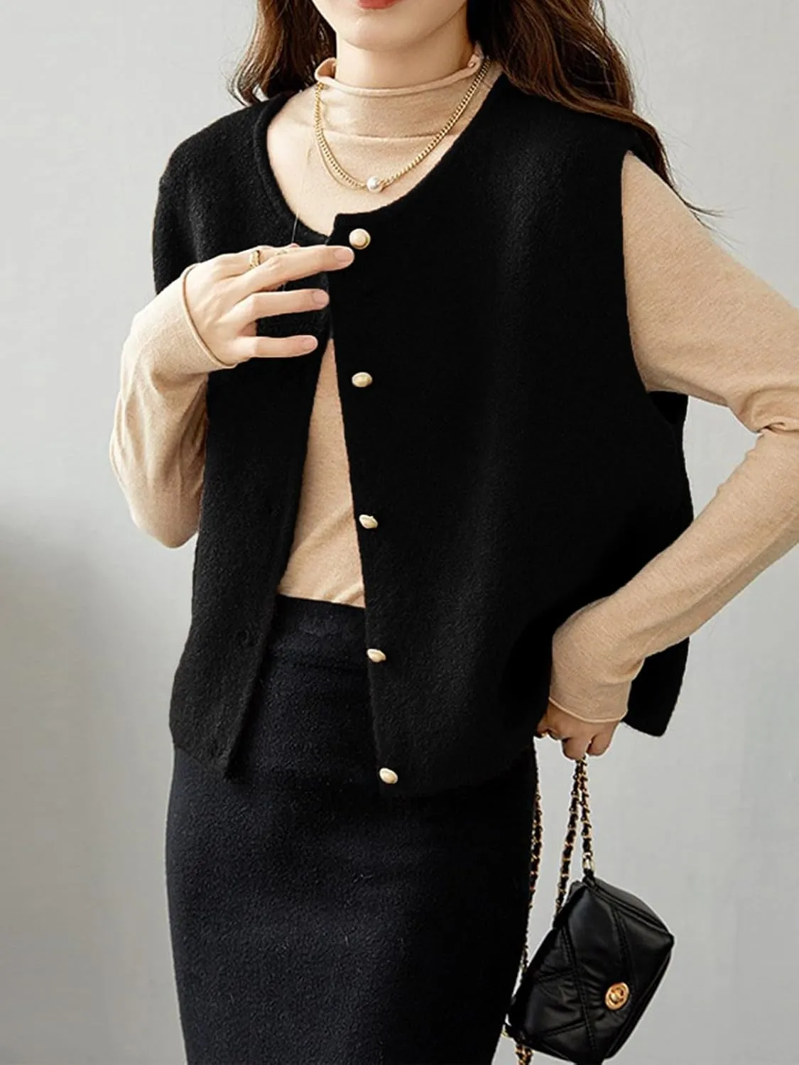 Wowcarbazole Women's Sweater Vest Sleeveless Cropped Button Down Cardigan Vests Casual Trendy Crewneck Knit Tank Tops