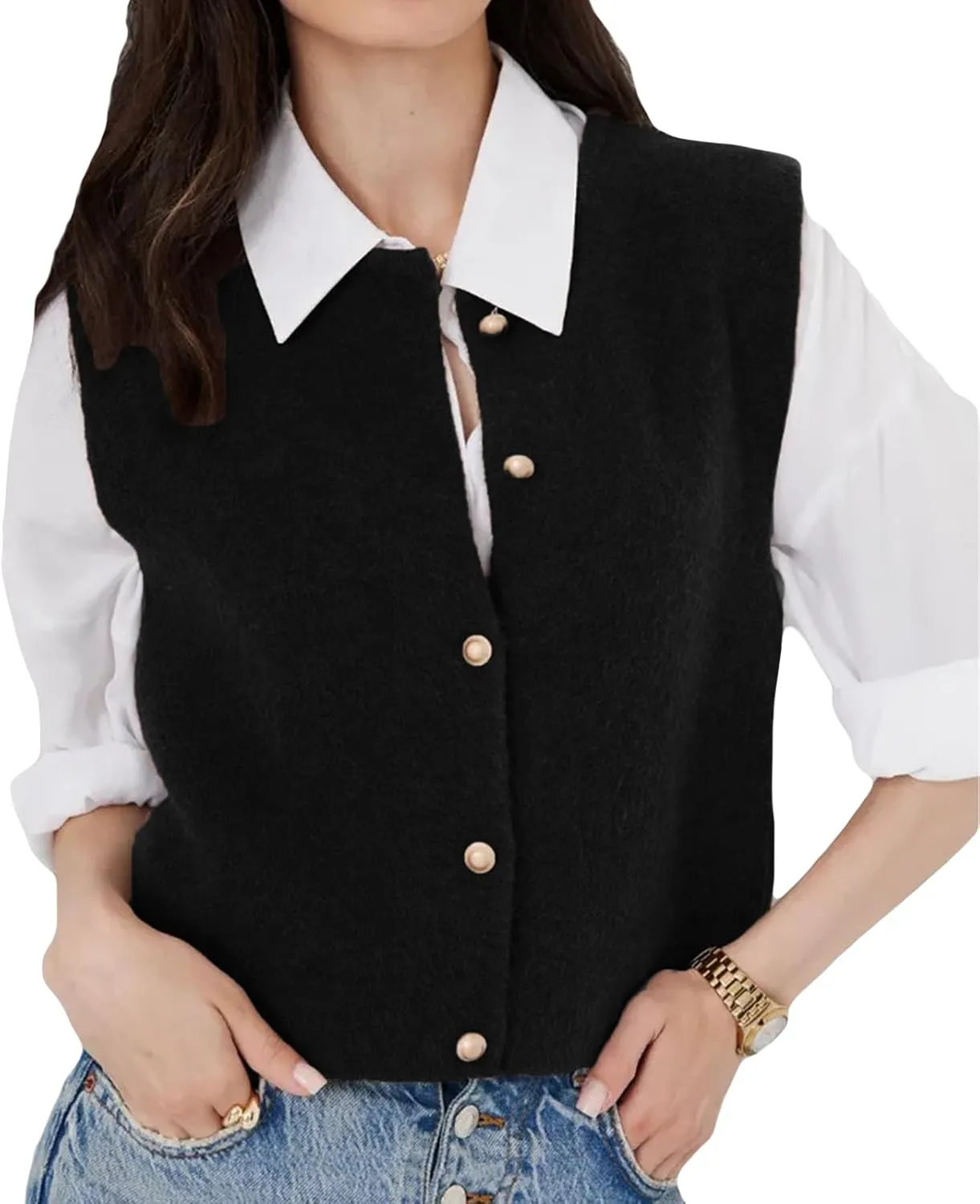 Wowcarbazole Women's Sweater Vest Sleeveless Cropped Button Down Cardigan Vests Casual Trendy Crewneck Knit Tank Tops