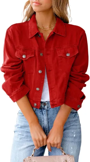XBTCLXEBCO Vintage Denim Jacket for Women Long Sleeve Button Down Cropped Jean Coat Classic Distressed Denim Trucker Jacket