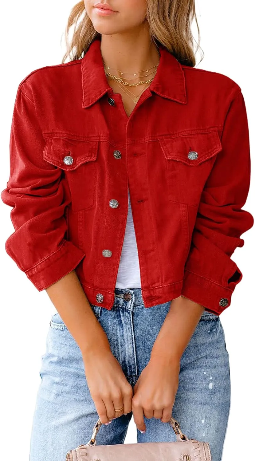 XBTCLXEBCO Vintage Denim Jacket for Women Long Sleeve Button Down Cropped Jean Coat Classic Distressed Denim Trucker Jacket