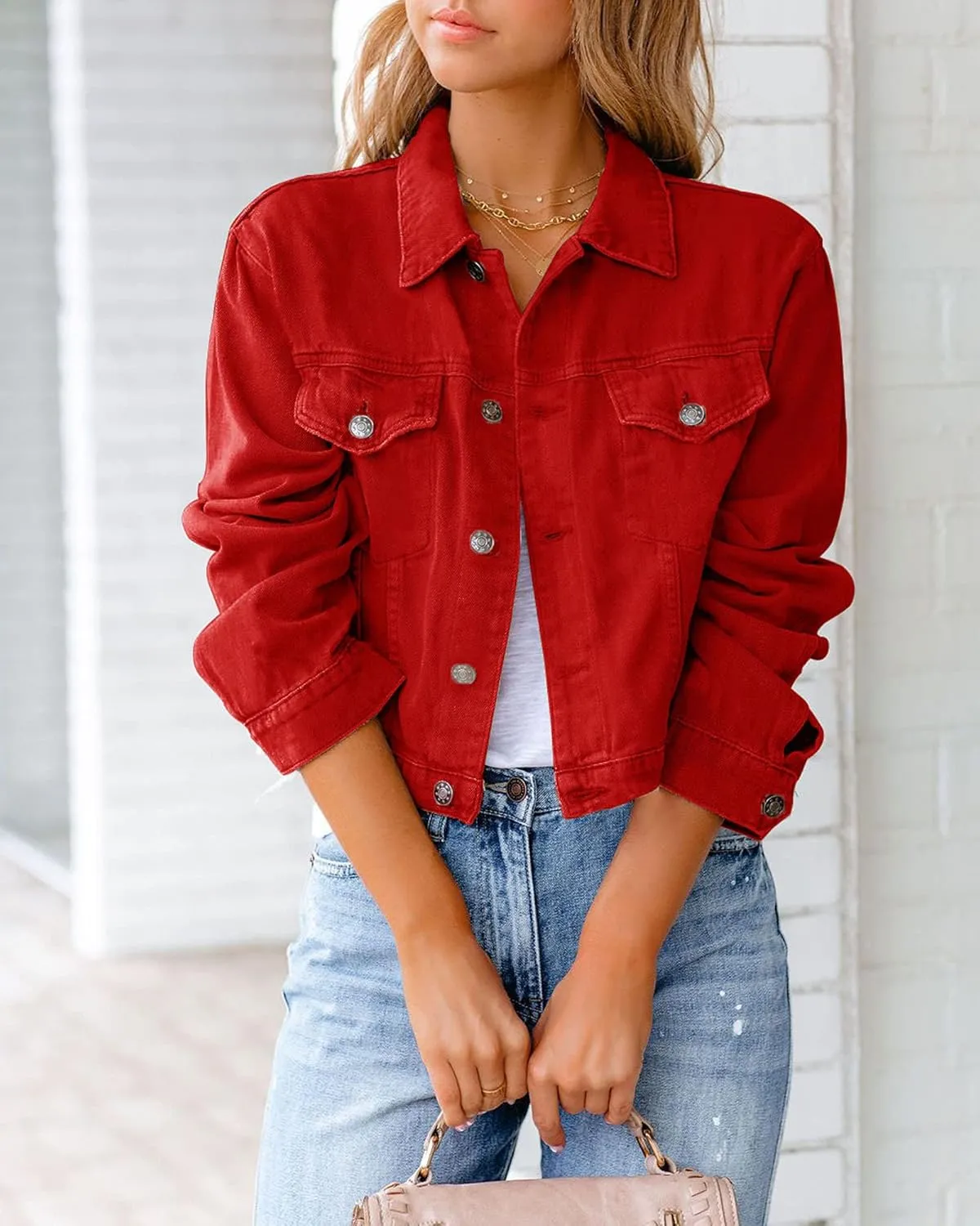 XBTCLXEBCO Vintage Denim Jacket for Women Long Sleeve Button Down Cropped Jean Coat Classic Distressed Denim Trucker Jacket