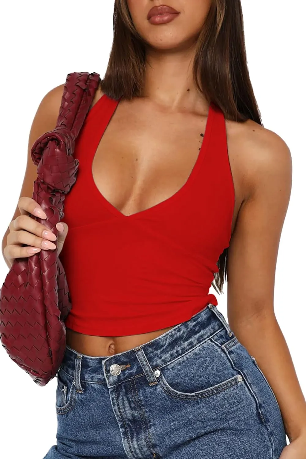 YFANG Women's Sexy Halter Deep V Neck Crop Tank Top Backless Sleeveless Slim Fitted Going Out Summer Top