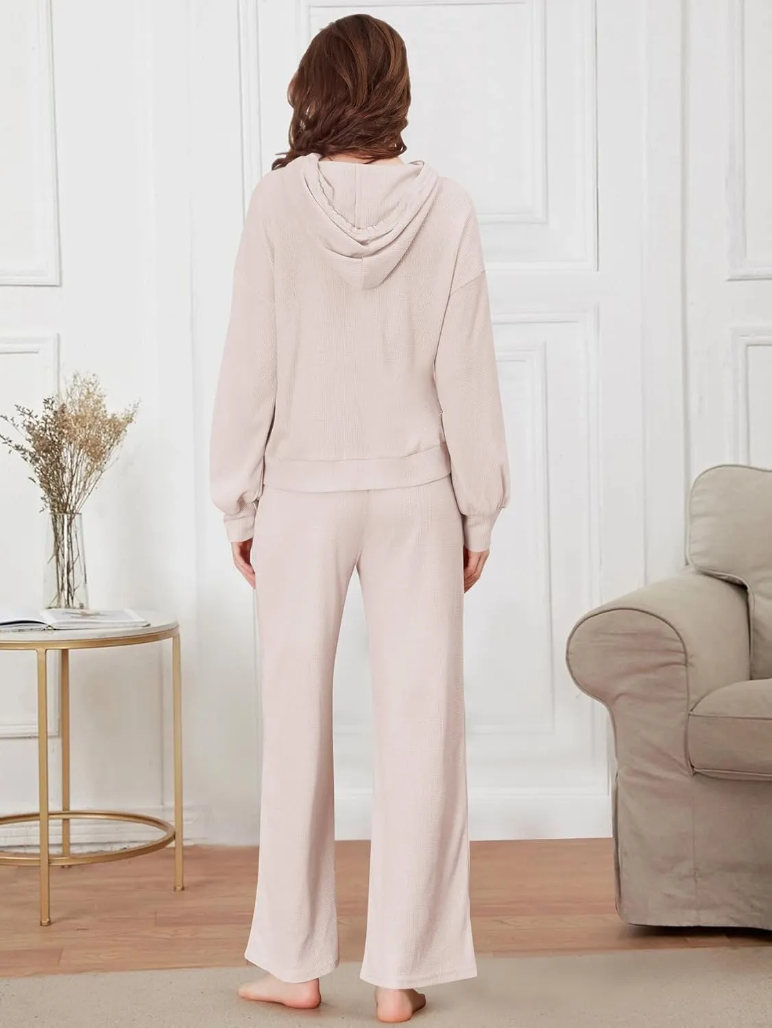 YKR Womens Loungewear Set 2 Piece Waffle Knit Lounge Sets Hooded Top and Wide Leg Pant Sweatsuits with Pockets