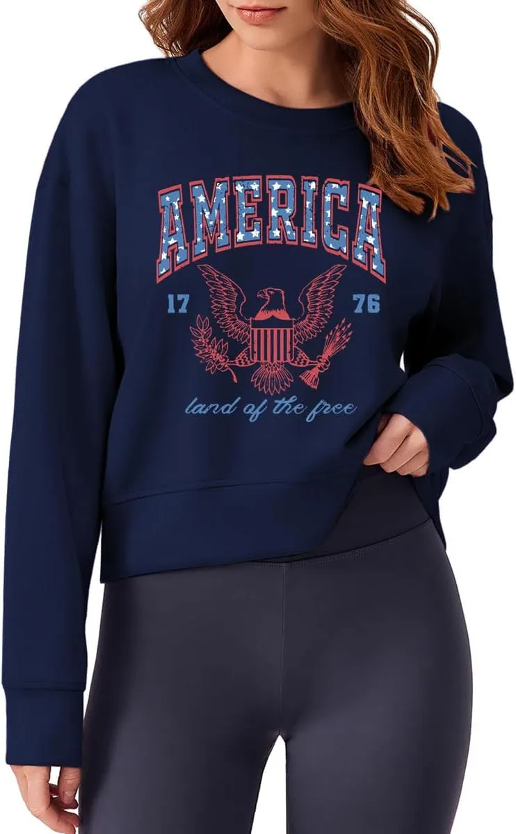 Ymoshoe 4th of July Sweatshirts For Women USA Cropped Sweatshirt American Flag Sweaters Long Sleeve Patriotic Crop Tops 2025