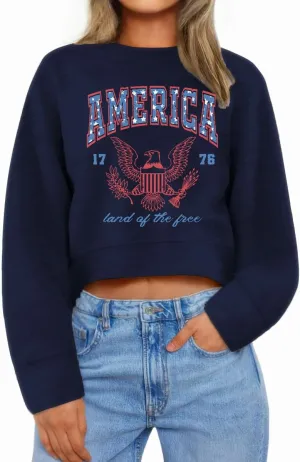 Ymoshoe 4th of July Sweatshirts For Women USA Cropped Sweatshirt American Flag Sweaters Long Sleeve Patriotic Crop Tops 2025