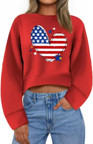 Ymoshoe 4th of July Sweatshirts For Women USA Cropped Sweatshirt American Flag Sweaters Long Sleeve Patriotic Crop Tops 2025