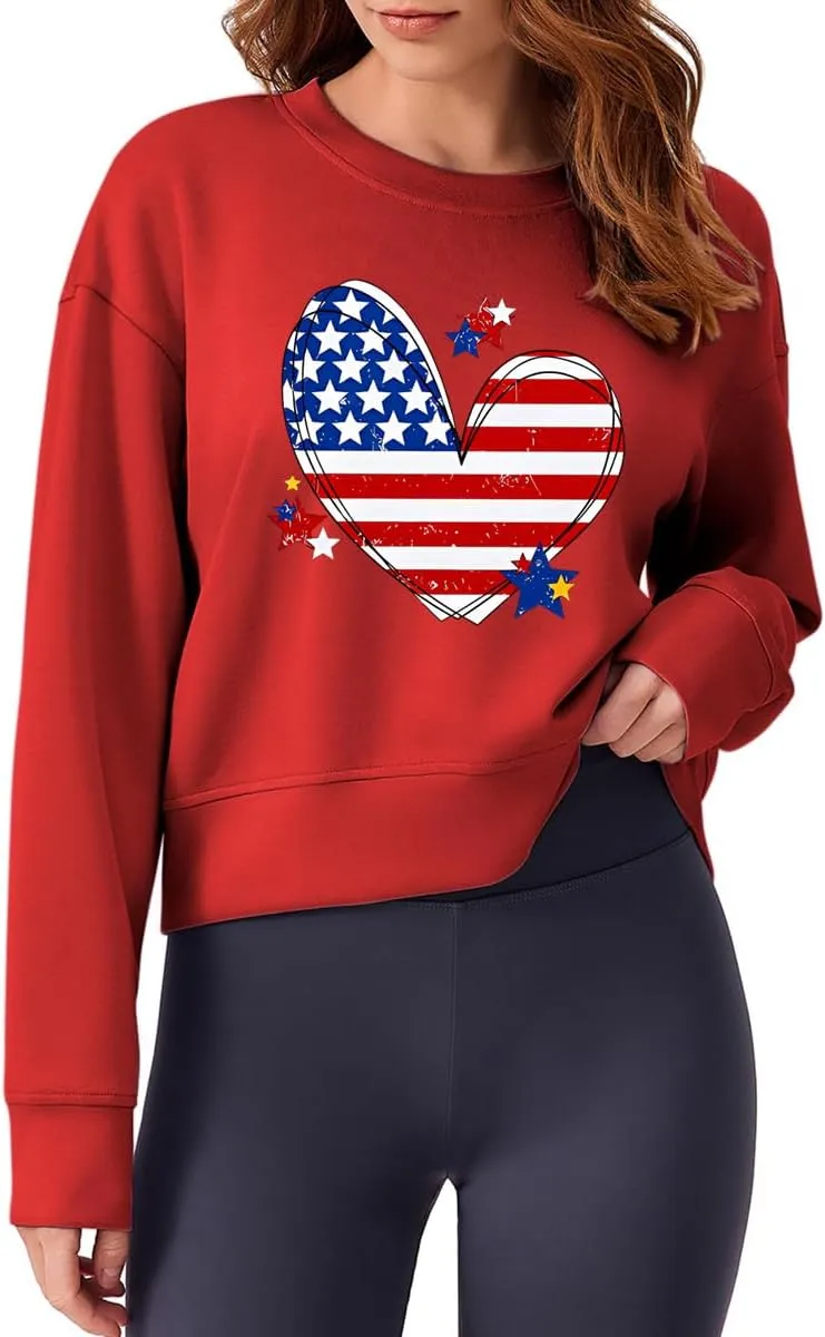 Ymoshoe 4th of July Sweatshirts For Women USA Cropped Sweatshirt American Flag Sweaters Long Sleeve Patriotic Crop Tops 2025