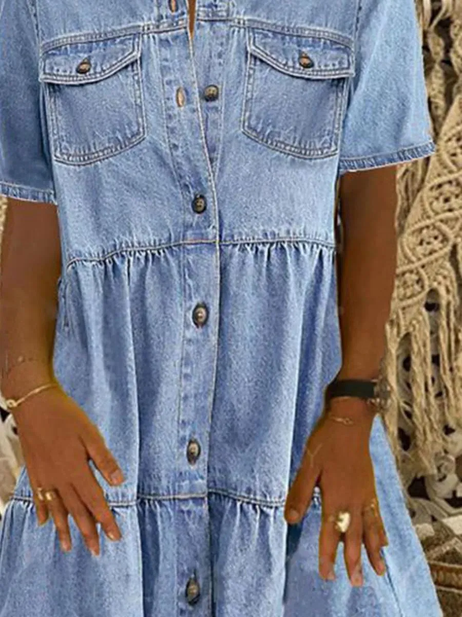yoeasy Womens Vintage Denim Dress Lapel Button Down Short Sleeve Casual Tiered Flowy Swing A Line Shirt Dress
