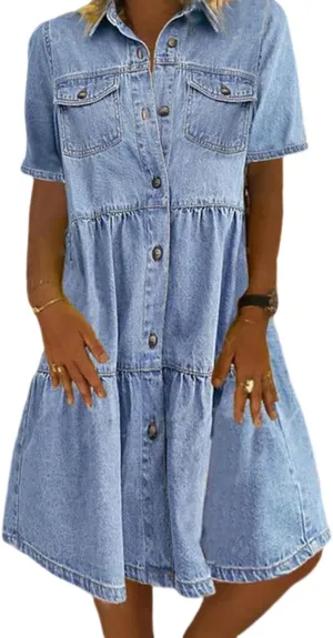 yoeasy Womens Vintage Denim Dress Lapel Button Down Short Sleeve Casual Tiered Flowy Swing A Line Shirt Dress