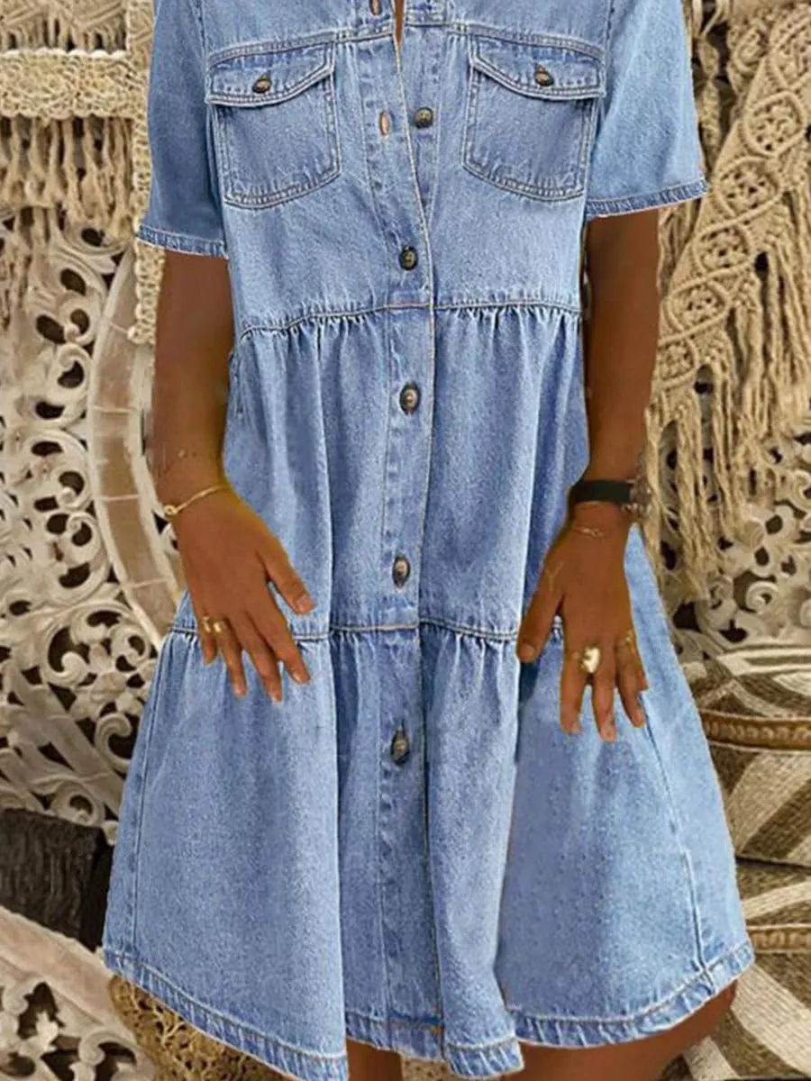 yoeasy Womens Vintage Denim Dress Lapel Button Down Short Sleeve Casual Tiered Flowy Swing A Line Shirt Dress