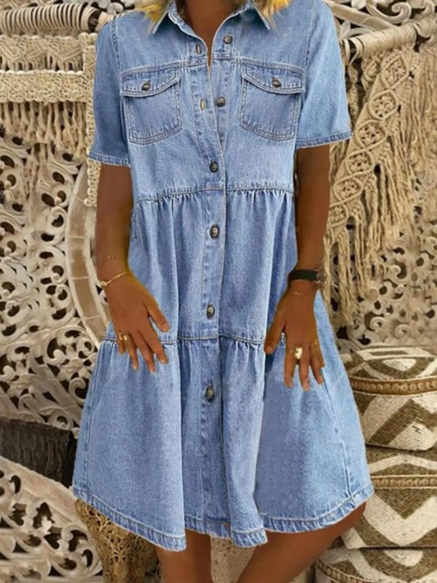 yoeasy Womens Vintage Denim Dress Lapel Button Down Short Sleeve Casual Tiered Flowy Swing A Line Shirt Dress