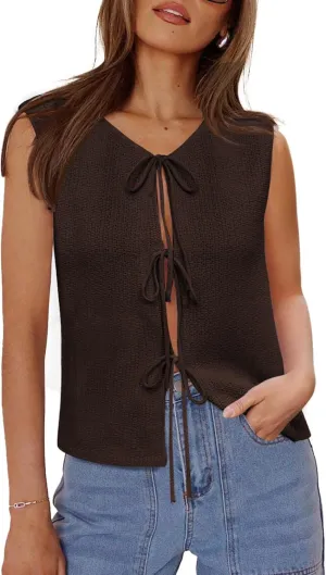 Yousify Women’s Tie Front Sweater Vest 2025 Summer Sleeveless Crochet Knit Tops Lightweight Cardigan Sweaters Outfits