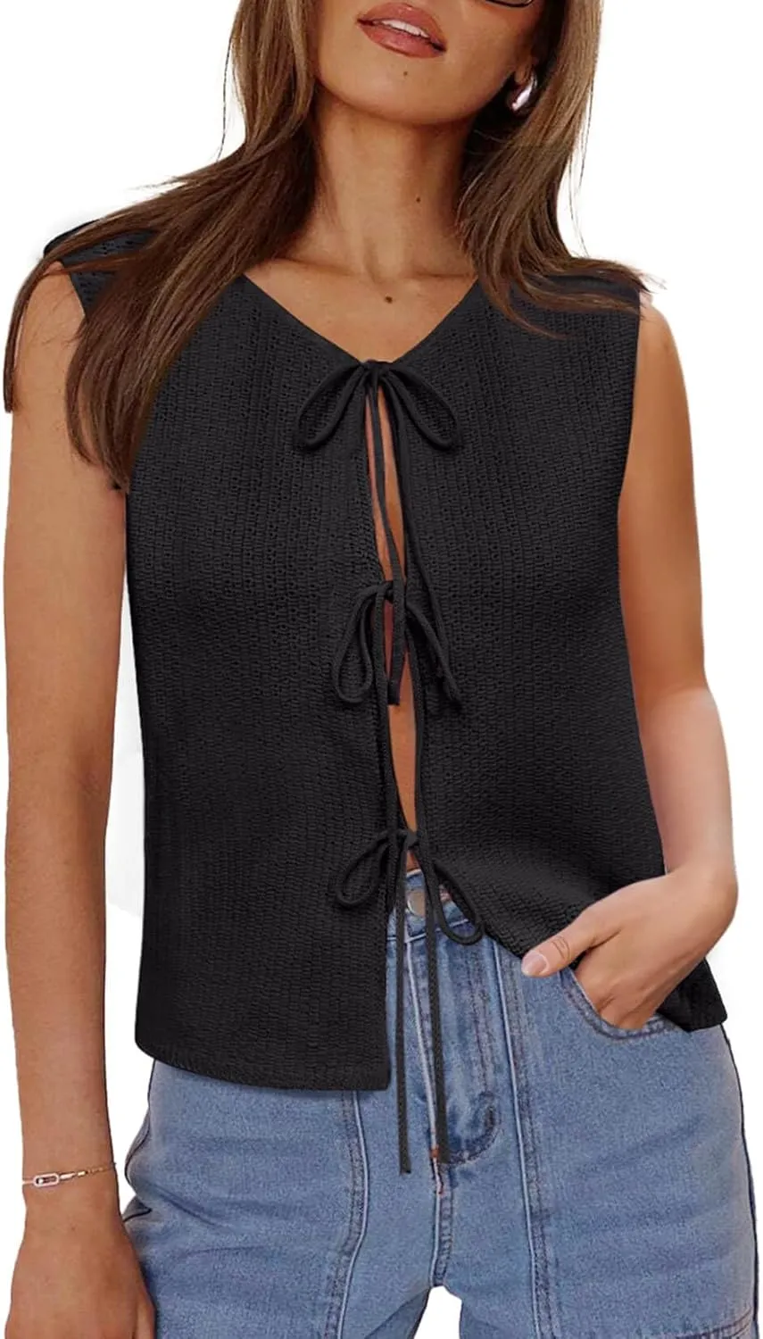Yousify Women’s Tie Front Sweater Vest 2025 Summer Sleeveless Crochet Knit Tops Lightweight Cardigan Sweaters Outfits