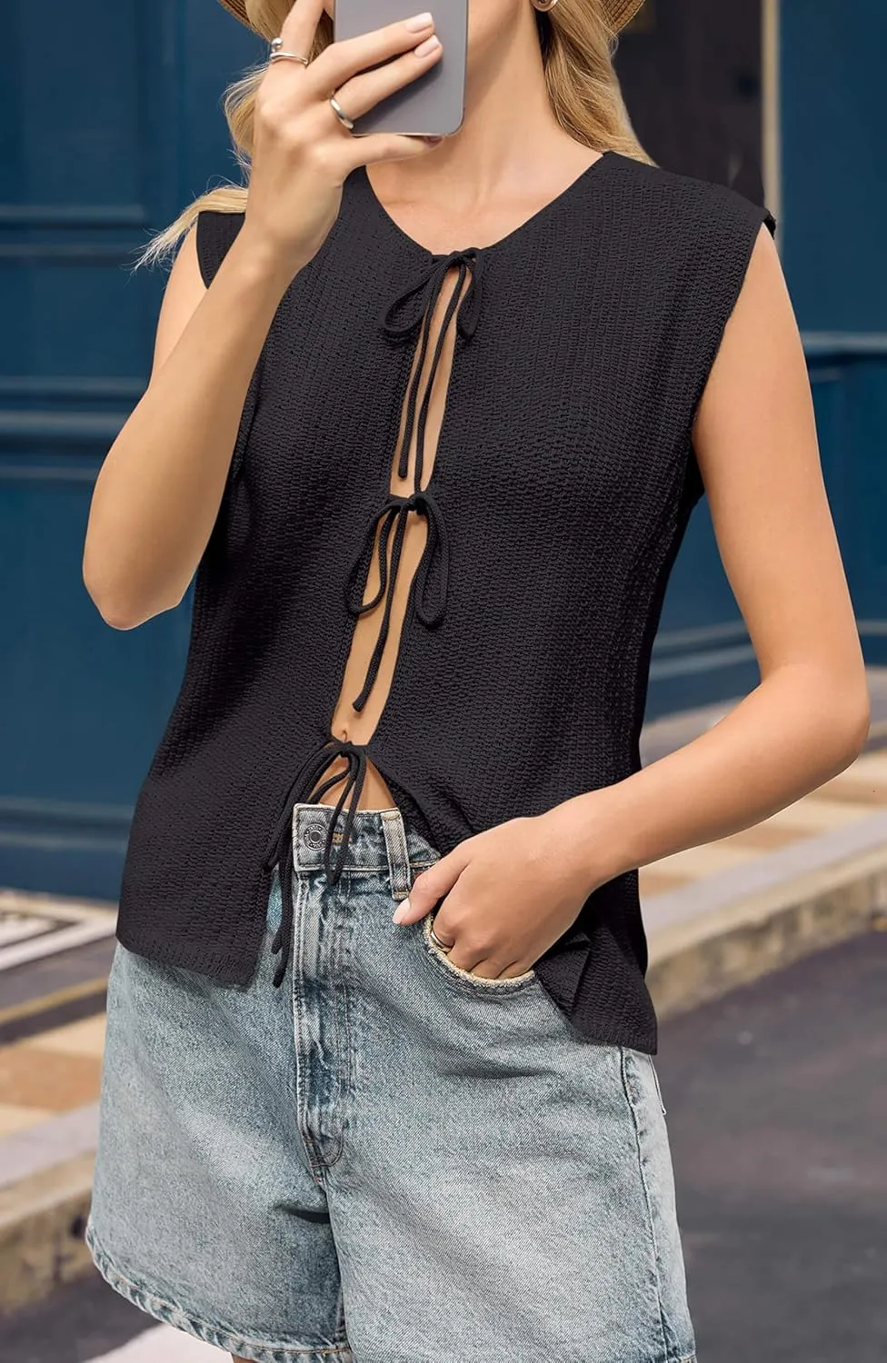 Yousify Women’s Tie Front Sweater Vest 2025 Summer Sleeveless Crochet Knit Tops Lightweight Cardigan Sweaters Outfits