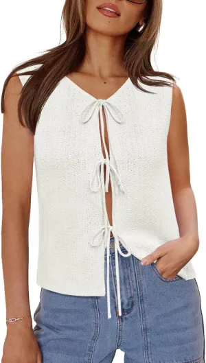 Yousify Women’s Tie Front Sweater Vest 2025 Summer Sleeveless Crochet Knit Tops Lightweight Cardigan Sweaters Outfits