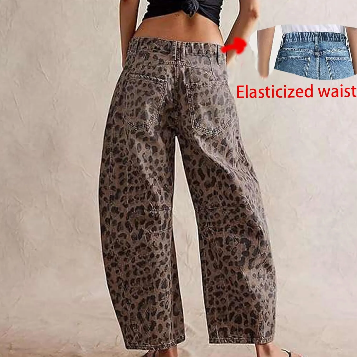 YSW Cheetah Barrel Jeans Women Leopard Print Jean Y2k Mid Rise Baggy Boyfriend Wide Leg Ankle Boho Pants