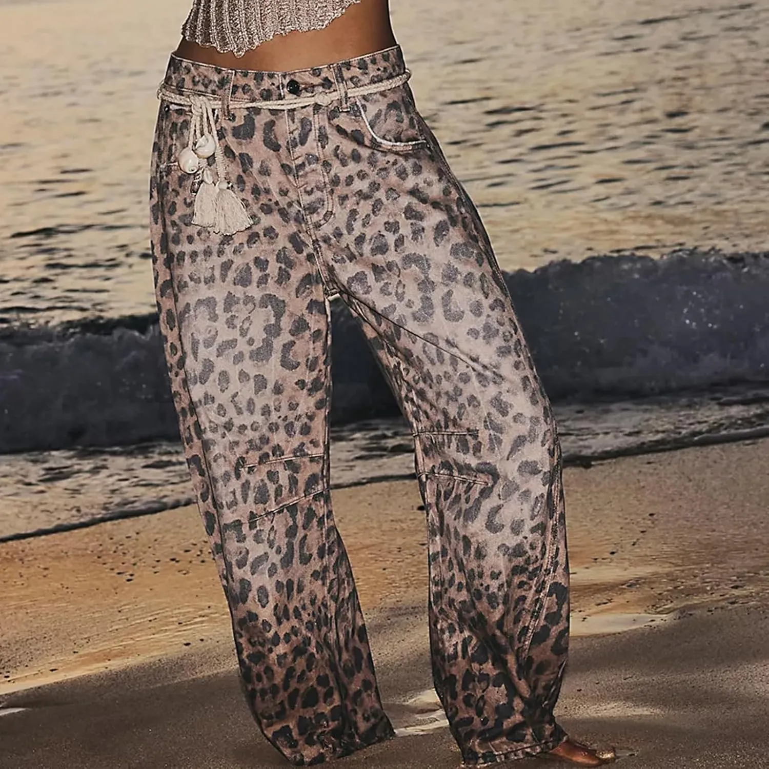 YSW Cheetah Barrel Jeans Women Leopard Print Jean Y2k Mid Rise Baggy Boyfriend Wide Leg Ankle Boho Pants