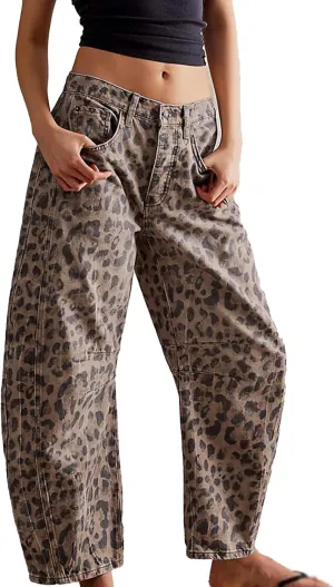 YSW Cheetah Barrel Jeans Women Leopard Print Jean Y2k Mid Rise Baggy Boyfriend Wide Leg Ankle Boho Pants
