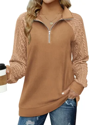Zeagoo Women Sweatshrits Quarter Zip Pullover Lightweight Sweatshirt Casual Cable Knit Sleeve Hoodies Loose Outfits Clothes