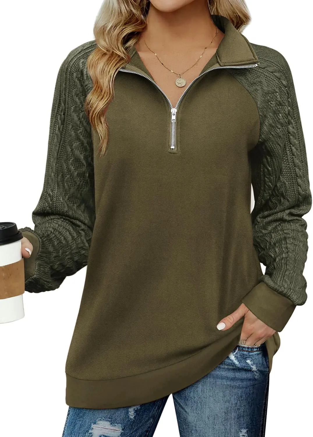 Zeagoo Women Sweatshrits Quarter Zip Pullover Lightweight Sweatshirt Casual Cable Knit Sleeve Hoodies Loose Outfits Clothes