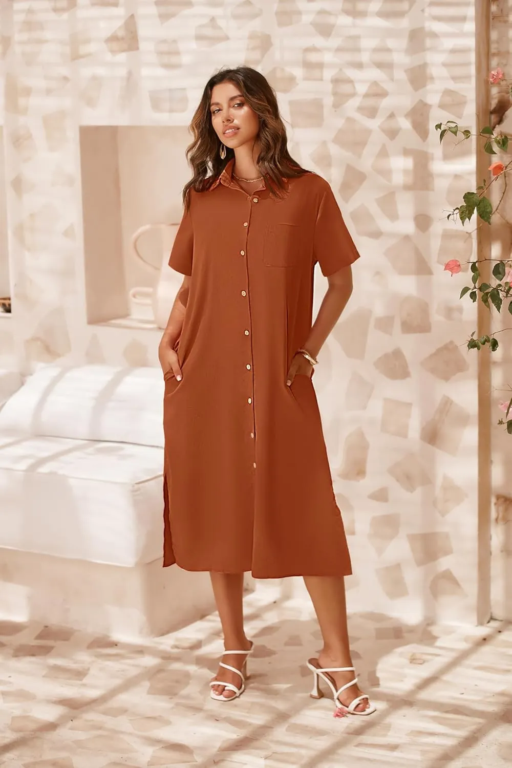 Zeagoo Womens Dress Summer Casual Short Sleeve Button Down Shirt Dress Beach Cover Up Dress with Pockets