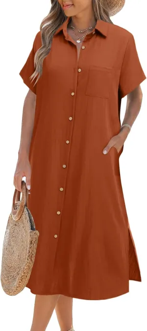 Zeagoo Womens Dress Summer Casual Short Sleeve Button Down Shirt Dress Beach Cover Up Dress with Pockets