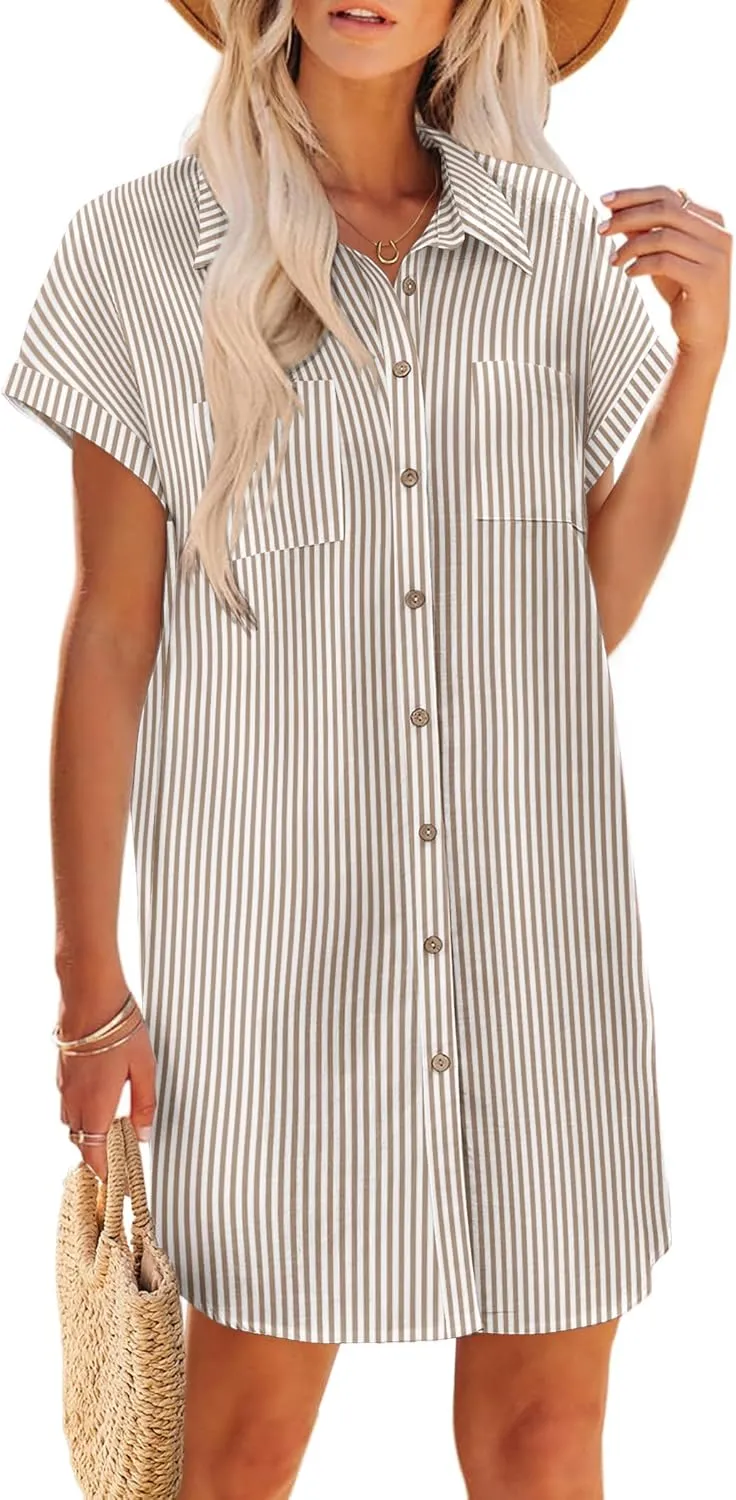 Zeagoo Women's Summer Dress 2025 Cotton Button Down Short Sleeve Tshirt Dresses Casual Flowy V Neck Loose Mini Beach Dress