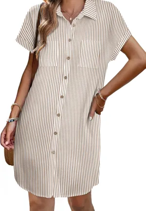 Zeagoo Women's Summer Dress 2025 Cotton Button Down Short Sleeve Tshirt Dresses Casual Flowy V Neck Loose Mini Beach Dress