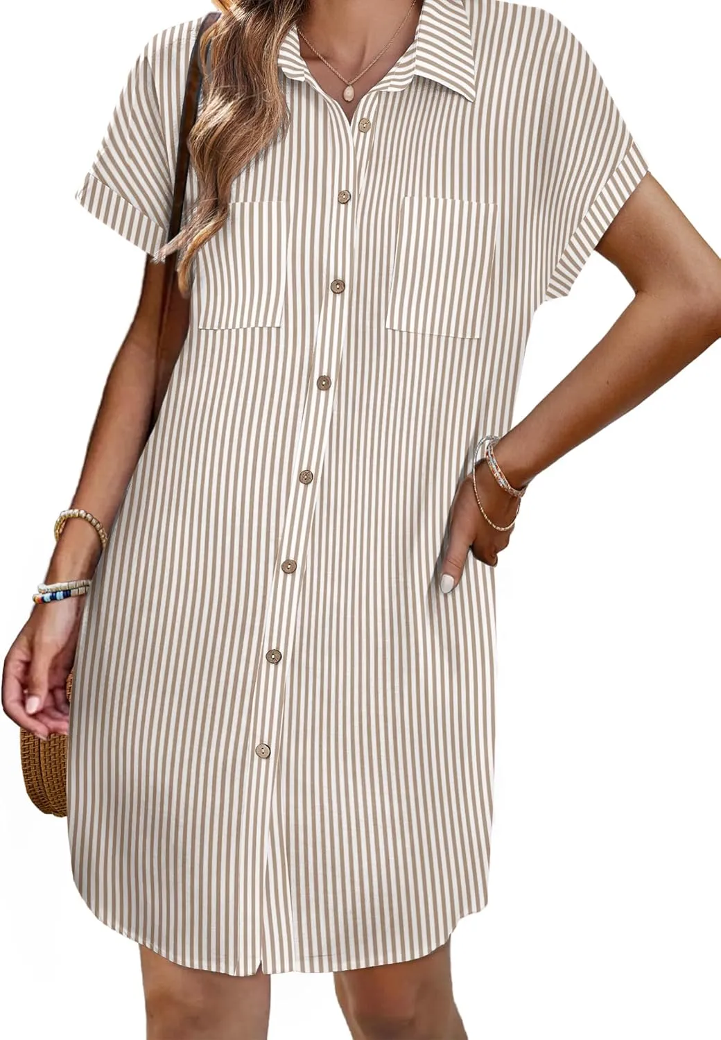 Zeagoo Women's Summer Dress 2025 Cotton Button Down Short Sleeve Tshirt Dresses Casual Flowy V Neck Loose Mini Beach Dress