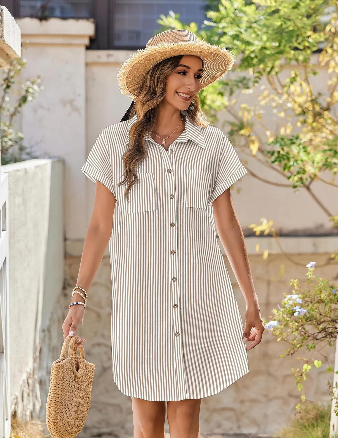 Zeagoo Women's Summer Dress 2025 Cotton Button Down Short Sleeve Tshirt Dresses Casual Flowy V Neck Loose Mini Beach Dress