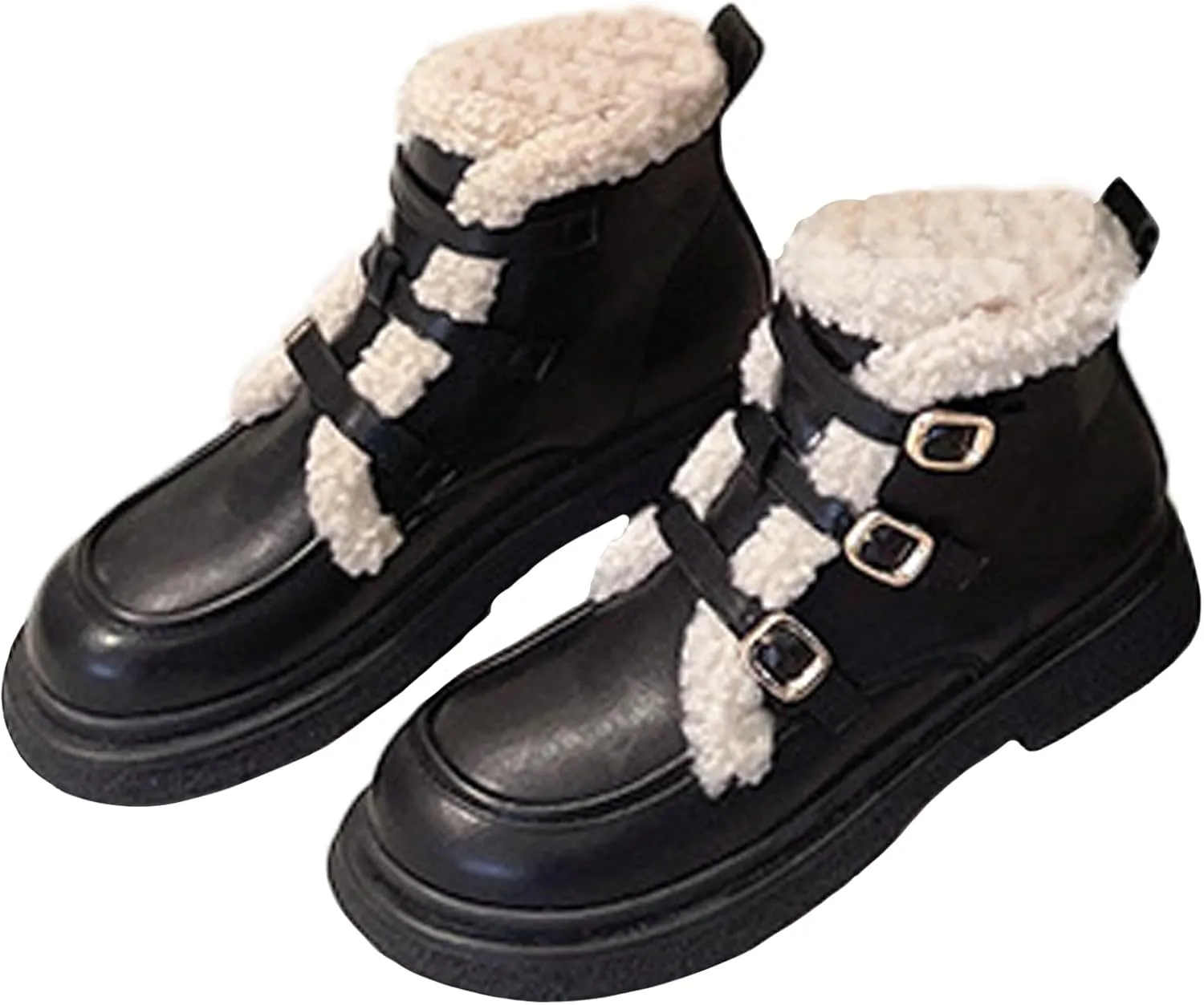 Zeberfi Women's Leather Velvet Lining High-Top Penny Loafers with Adjust Belt Buckle,Retro Round Toe Slip On Warm Platform Chunky Low Heel Casual Snow Ankle Boots