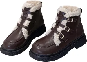Zeberfi Women's Leather Velvet Lining High-Top Penny Loafers with Adjust Belt Buckle,Retro Round Toe Slip On Warm Platform Chunky Low Heel Casual Snow Ankle Boots