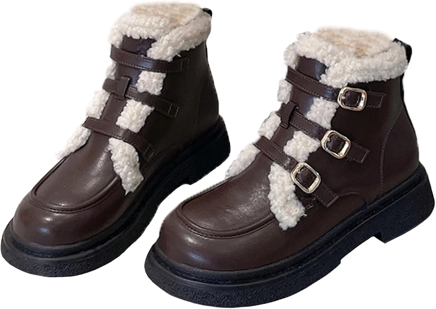 Zeberfi Women's Leather Velvet Lining High-Top Penny Loafers with Adjust Belt Buckle,Retro Round Toe Slip On Warm Platform Chunky Low Heel Casual Snow Ankle Boots