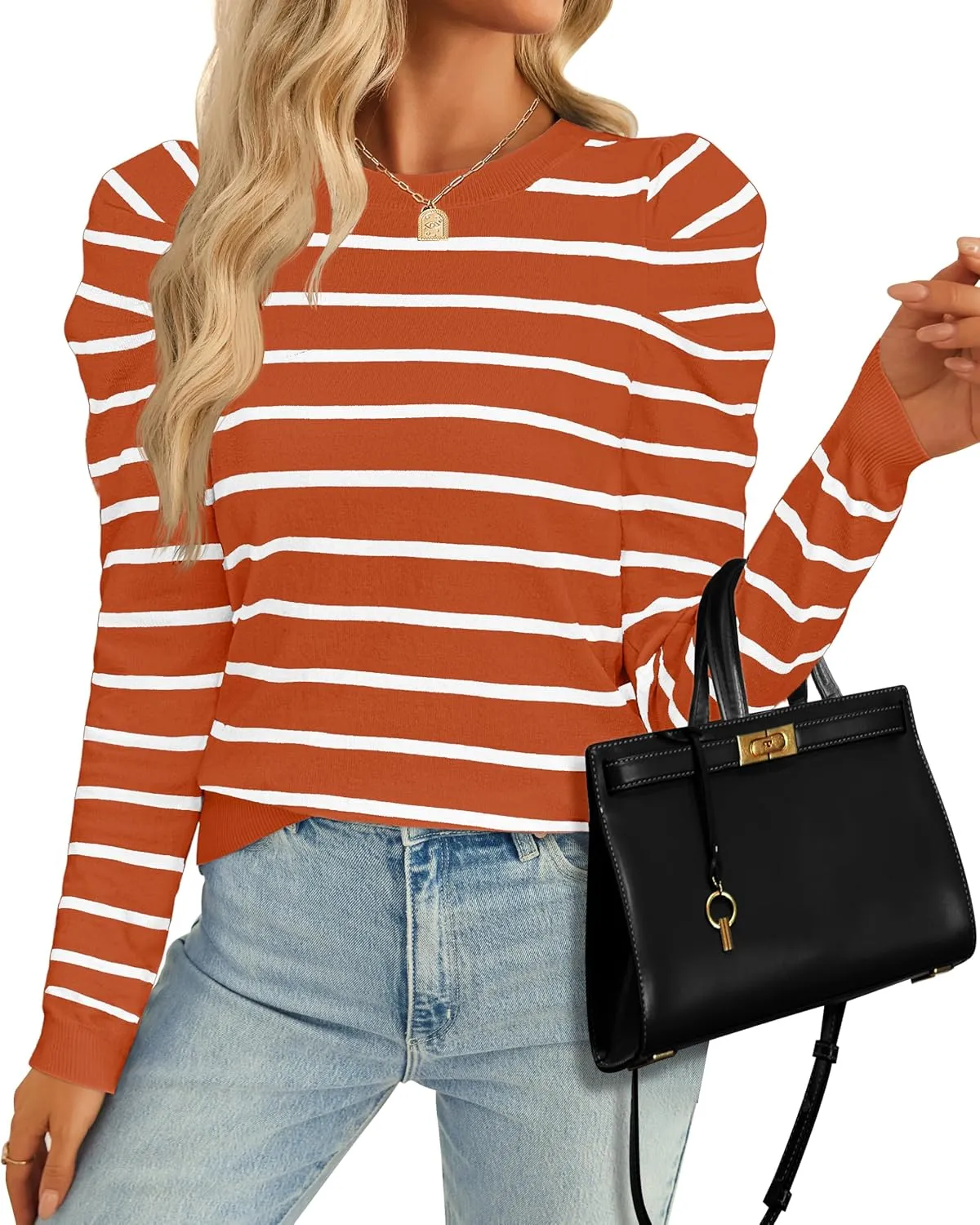 ZESICA Women's Striped Puff Long Sleeve Tops Fall Crewneck Ribbed Knit Casual Pullover Sweaters