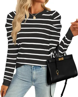 ZESICA Women's Striped Puff Long Sleeve Tops Fall Crewneck Ribbed Knit Casual Pullover Sweaters