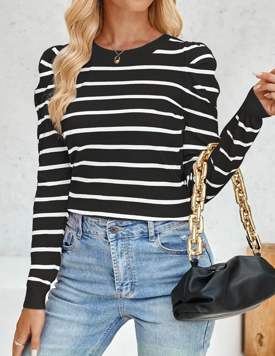 ZESICA Women's Striped Puff Long Sleeve Tops Fall Crewneck Ribbed Knit Casual Pullover Sweaters