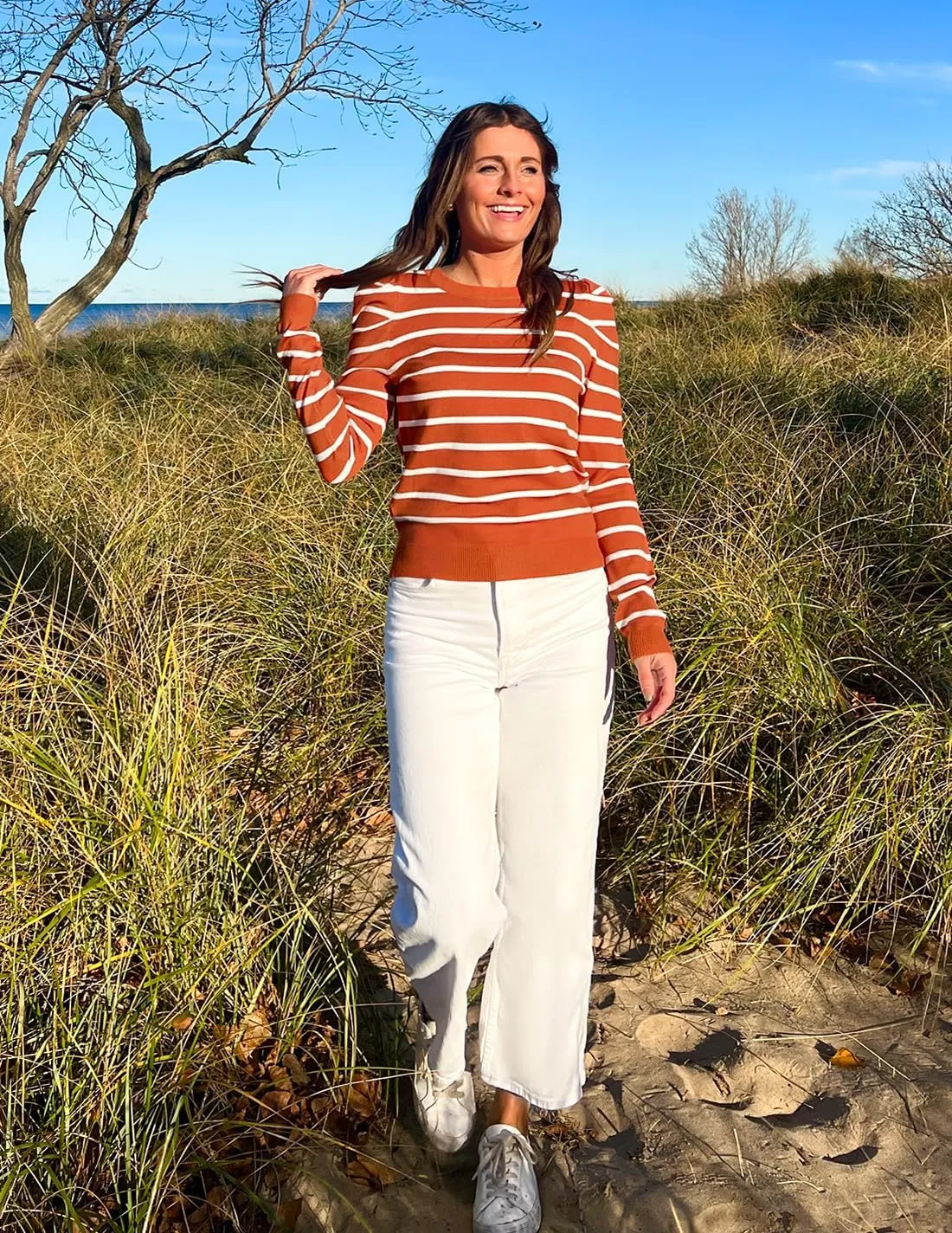 ZESICA Women's Striped Puff Long Sleeve Tops Fall Crewneck Ribbed Knit Casual Pullover Sweaters