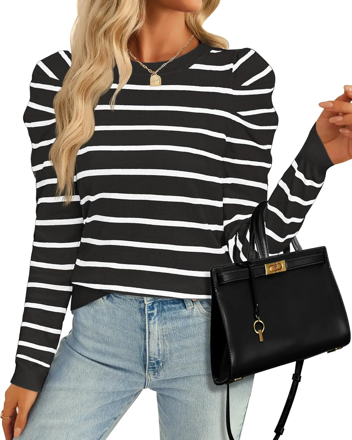 ZESICA Women's Striped Puff Long Sleeve Tops Fall Crewneck Ribbed Knit Casual Pullover Sweaters