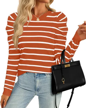 ZESICA Women's Striped Puff Long Sleeve Tops Fall Crewneck Ribbed Knit Casual Pullover Sweaters
