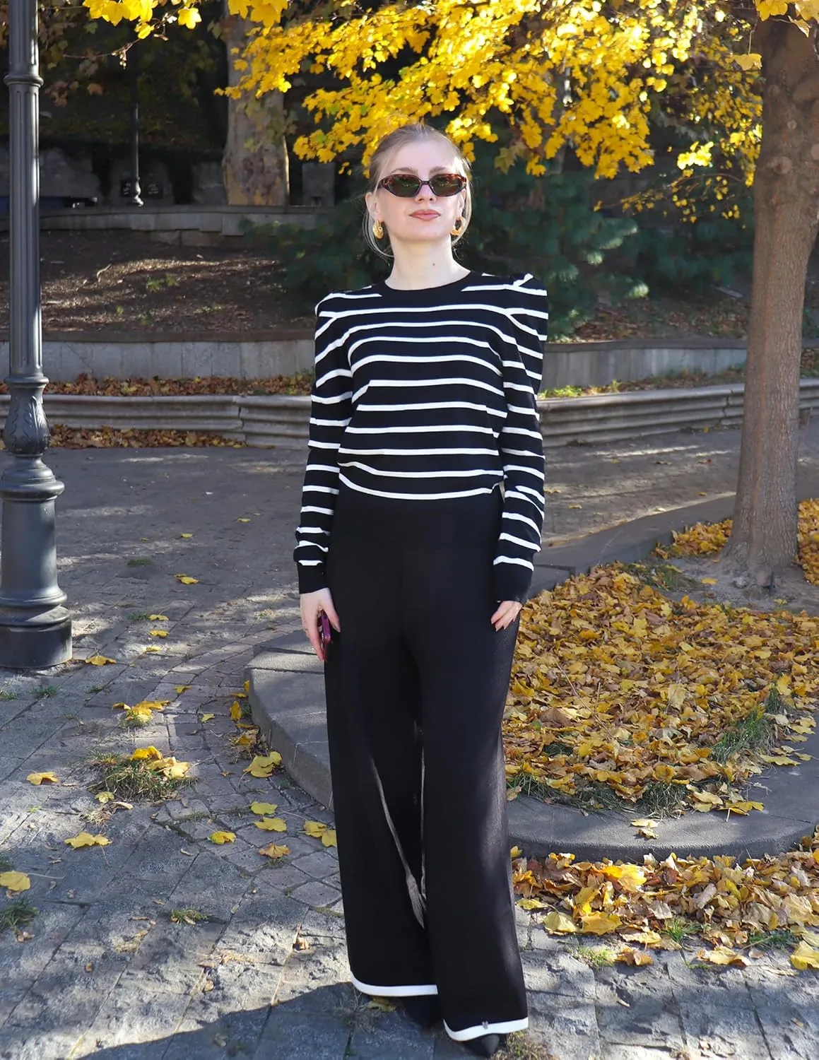 ZESICA Women's Striped Puff Long Sleeve Tops Fall Crewneck Ribbed Knit Casual Pullover Sweaters