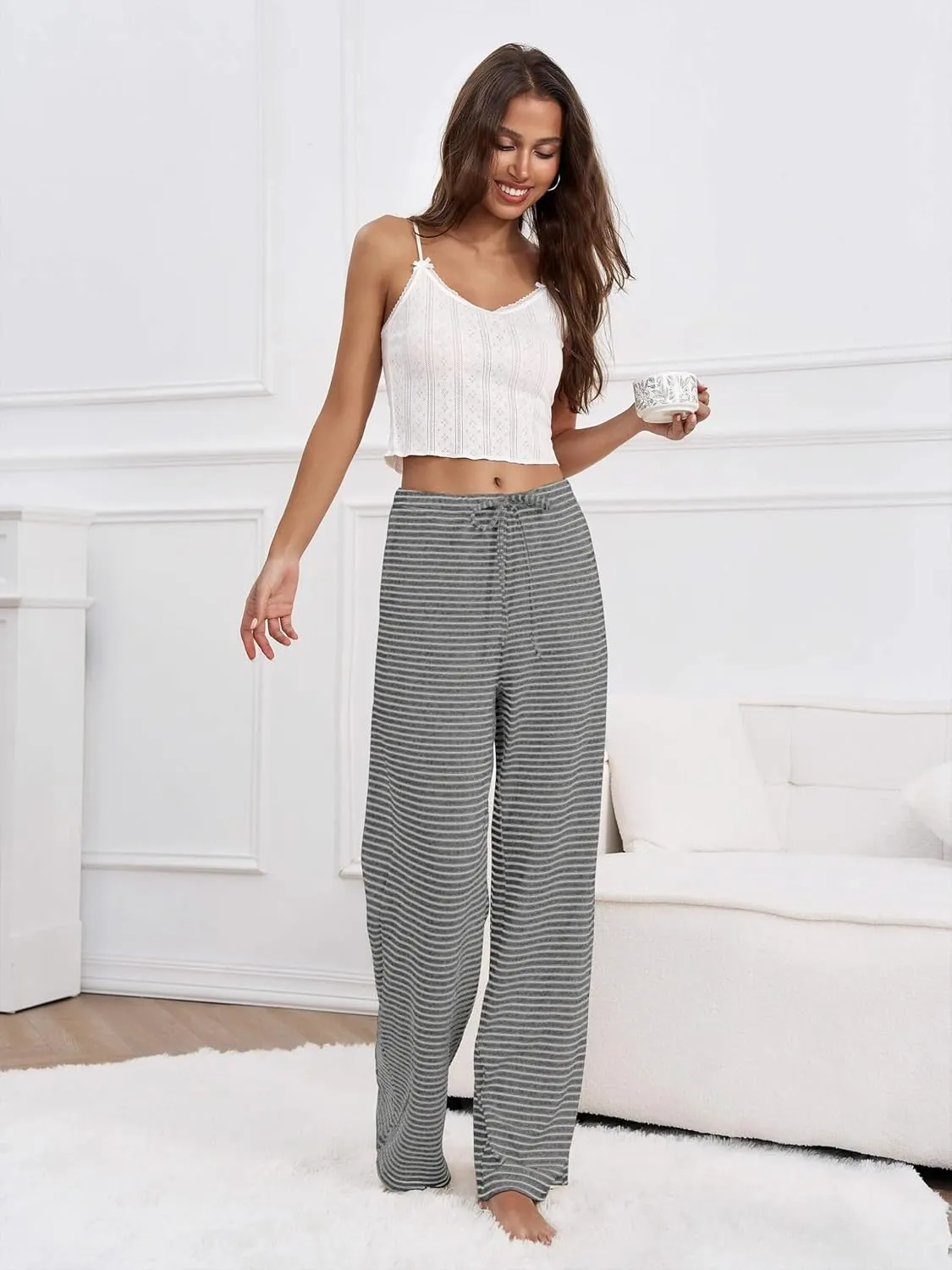 Zwurew Women's Striped Wide Leg Pants Drawstring Elastic Waist Knit Baggy Sweatpants with Pockets