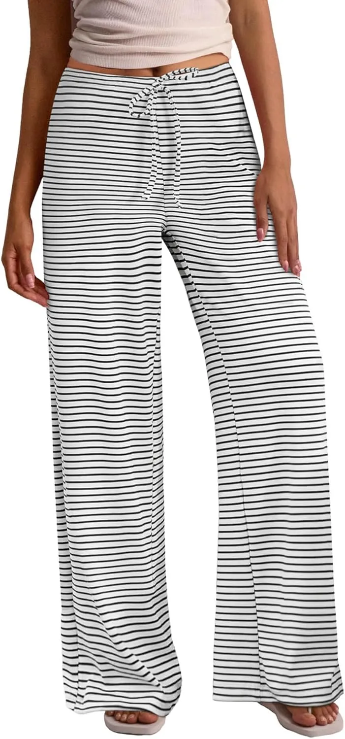 Zwurew Women's Striped Wide Leg Pants Drawstring Elastic Waist Knit Baggy Sweatpants with Pockets